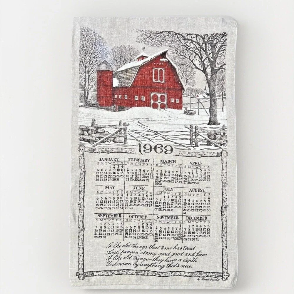 VTG 1969 Linen Calendar Tea Towel Red Barn Warren Boucher